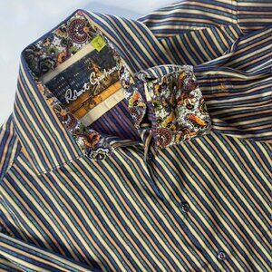 Robert Graham Classic Vertical Stripe Woven Cotton Shirt Men Large Button Cuff